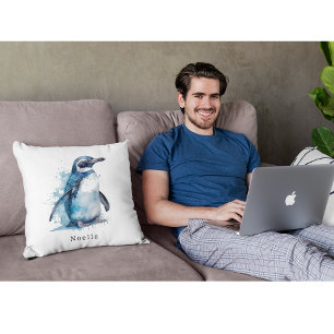 Arctic Azure Watercolor Penguin, custom Cushion