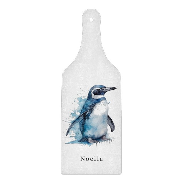 Arctic Azure Watercolor Penguin, custom Cutting Board (Front)