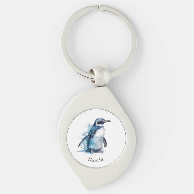 Arctic Azure Watercolor Penguin, custom  Key Ring (Front)