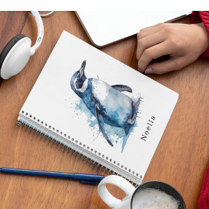  Arctic Azure Watercolor Penguin, custom Notebook