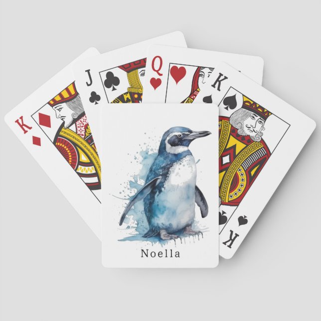 Arctic Azure Watercolor Penguin, custom Playing Cards (Back)