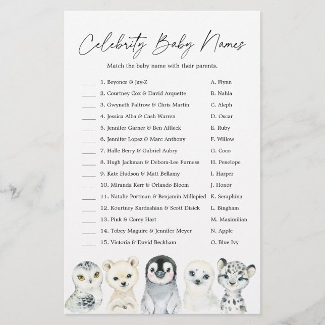 Arctic Baby Shower Celebrity Baby Names Game (Front)