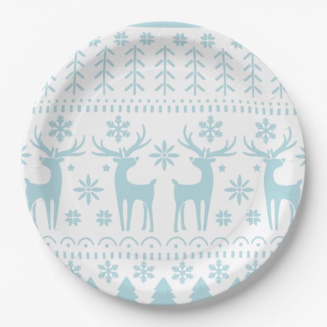 Arctic Blue Folk Art Winter Theme Paper Plate (Front)