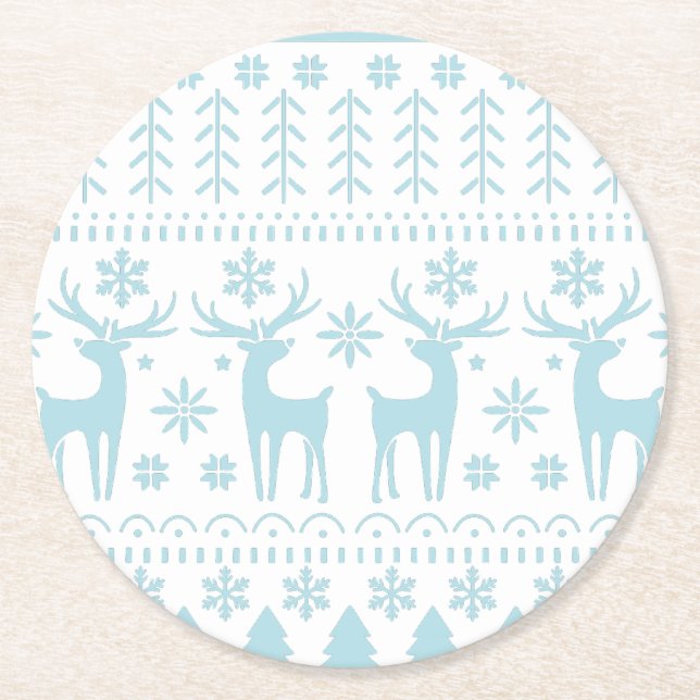 Arctic Blue Folk Art Winter Theme Round Paper Coaster (Front)