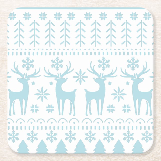 Arctic Blue Folk Art Winter Theme Square Paper Coaster (Front)