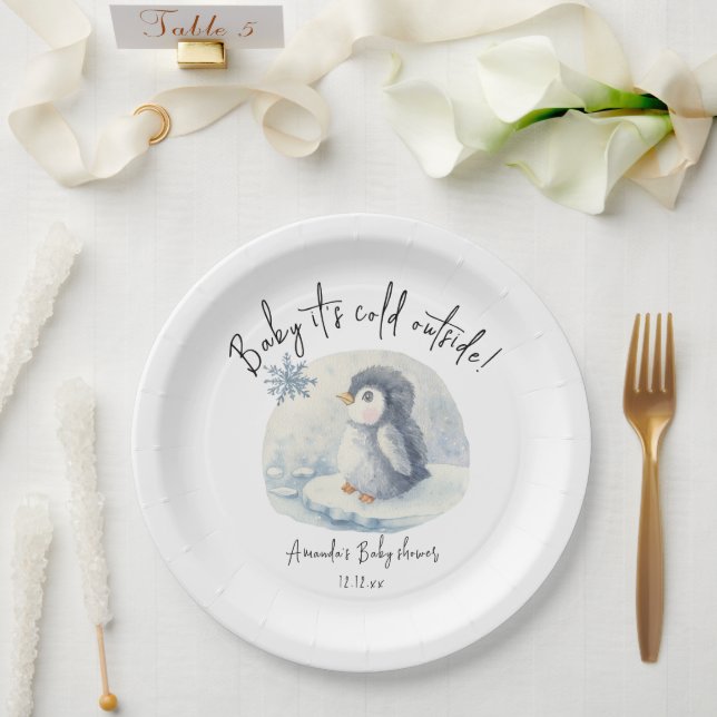 Arctic cute Penguin - baby it's cold outside Paper Plate (Wedding)