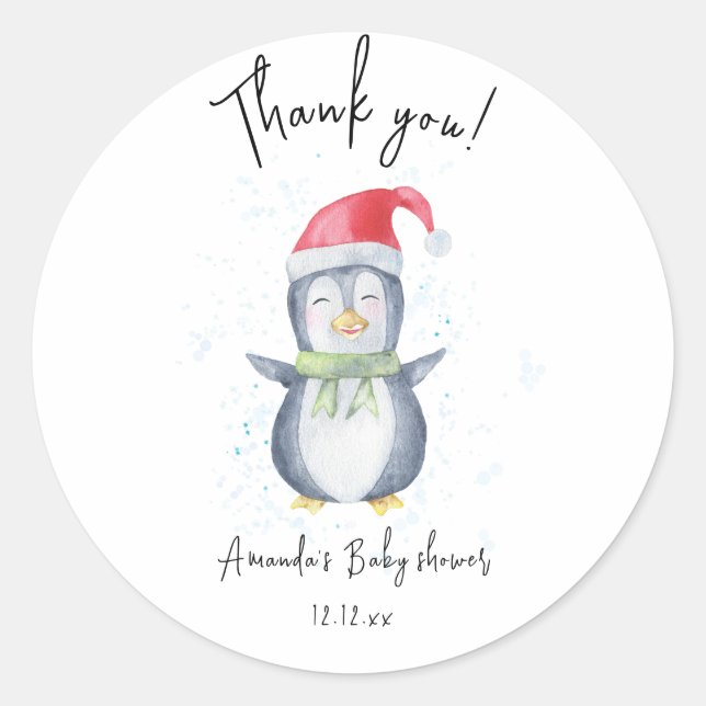 Arctic cute Penguin thank you baby shower  Classic Round Sticker (Front)