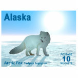Arctic Fox - Alaska Postage Photo Sculpture Magnet<br><div class="desc">White on white. A 10-Nugget postage stamp issued by a mythical independant nation of Alaska. Features a digital painting of an Arctic Fox, Vulpes lagopus, on the polar ice. The sun hangs low in the bright blue arctic sky. Do not stare at the sun as it can harm your eyes....</div>