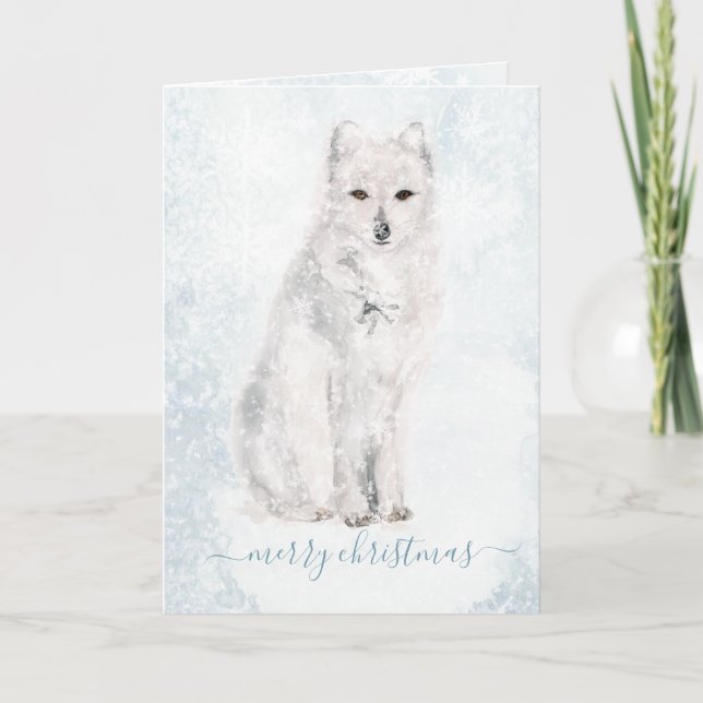 Arctic Fox Blustering Winter Scene Snowflakes Holiday Card (Front)