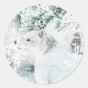 Arctic Fox Blustering Winter Woodland Snow Storm Classic Round Sticker