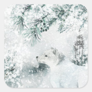Arctic Fox Blustering Winter Woodland Snow Storm Square Sticker