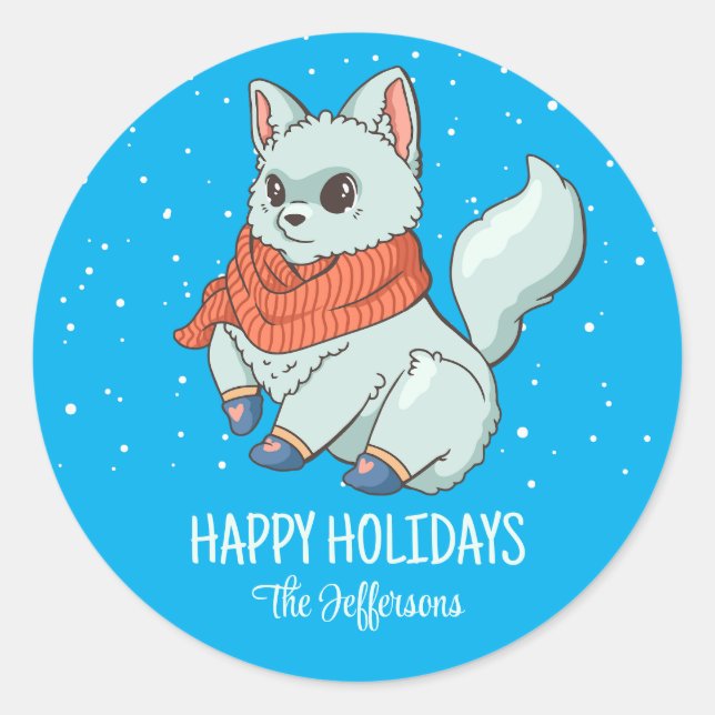 Arctic Fox Christmas Animal Snowy Winter Holiday Classic Round Sticker (Front)