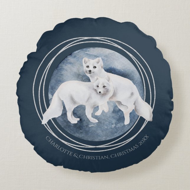 Arctic Fox Couple Winter Christmas Personalised Round Cushion (Front)