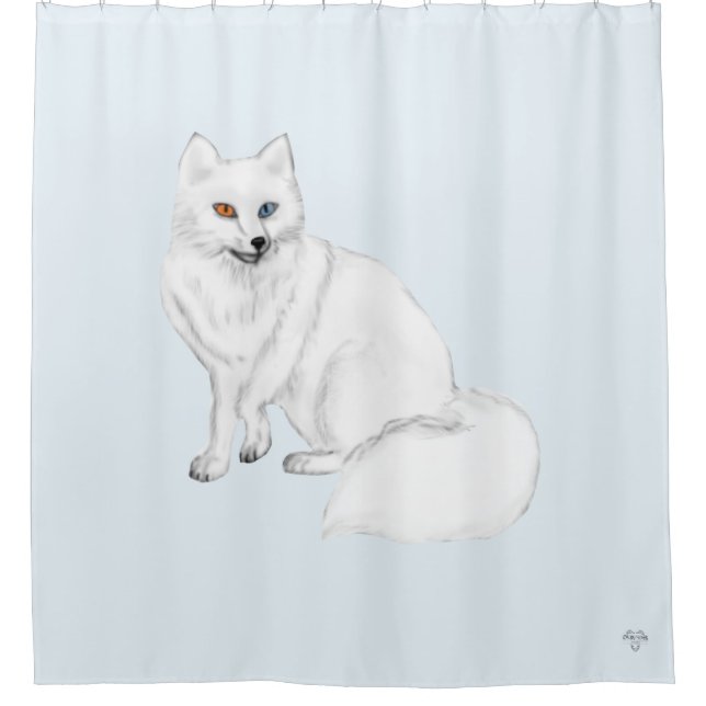 Arctic Fox Hand-Drawn Airbrushed Art on Icy Blue Shower Curtain (Front)