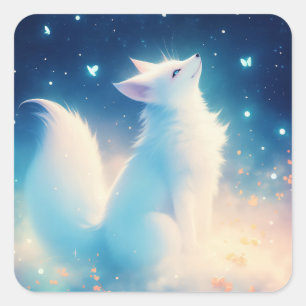 Arctic Fox Looking Up at Magical Starry Night Sky Square Sticker