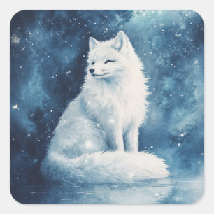 Arctic Fox Sitting on Ice with Blue Galaxy Nebula Square Sticker