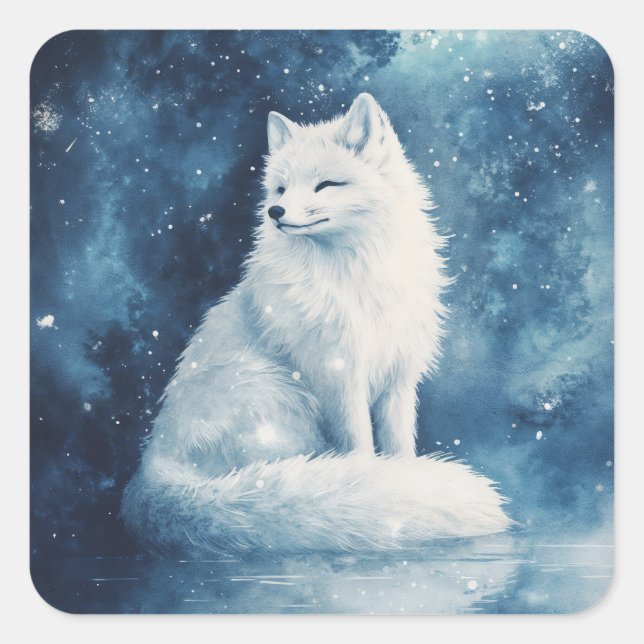 Arctic Fox Sitting on Ice with Blue Galaxy Nebula Square Sticker (Front)