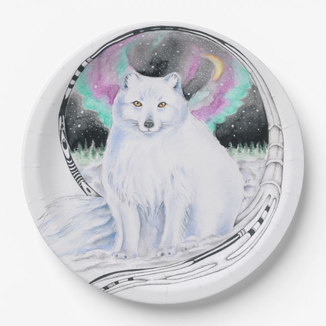 Arctic Fox Watercolor Ink Paper Plate (Front)