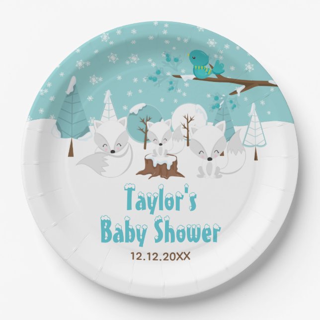 Arctic Fox Winter Wonderland Baby Shower Paper Plate (Front)