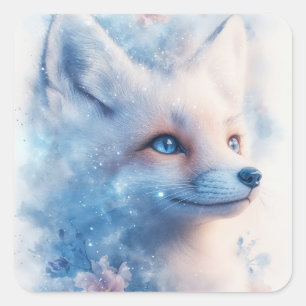 Arctic Fox with Blue Eyes in Galaxy Nebula Square Sticker