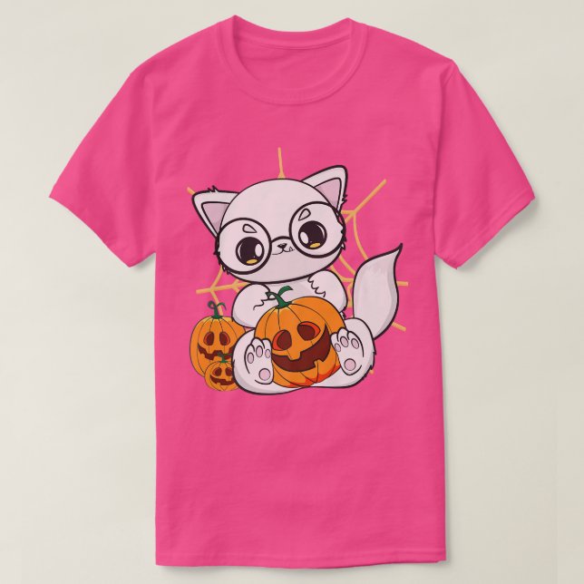 Arctic Fox With Kawaii Pumpkin For Cute Halloween  T-Shirt (Design Front)