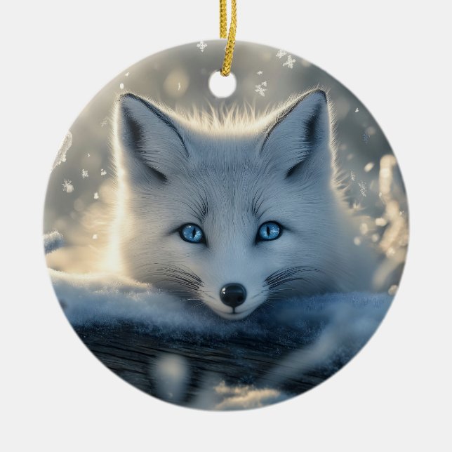 Arctic Fox with Mesmerizing Blue Eyes  Ceramic Tree Decoration (Front)
