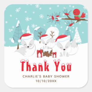 Arctic Foxes Christmas Baby Shower Thank You Square Sticker