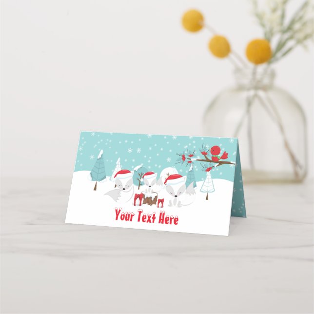 Arctic Foxes Christmas Woodland Baby Shower Place Card (Front)