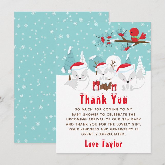 Arctic Foxes Christmas Woodland Baby Shower Thank You Card (Front/Back)