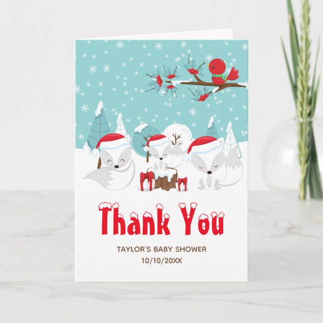 Arctic Foxes Christmas Woodland Baby Shower Thank You Card (Front)