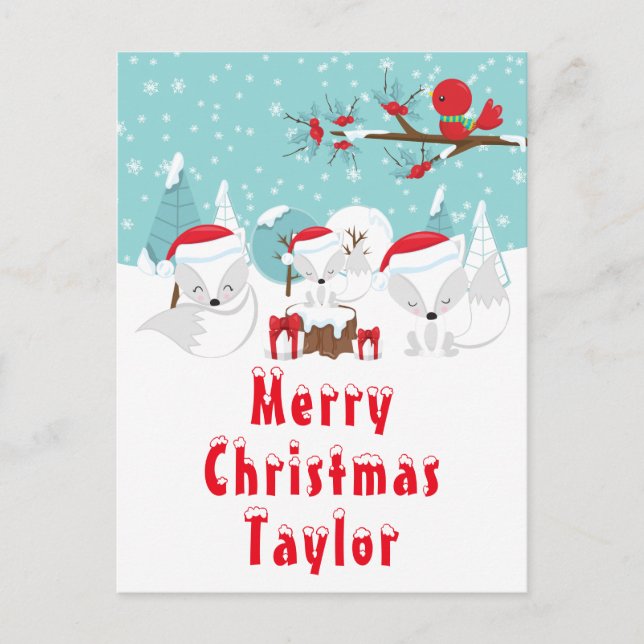 Arctic Foxes Christmas Woodland Merry Christmas Holiday Postcard (Front)