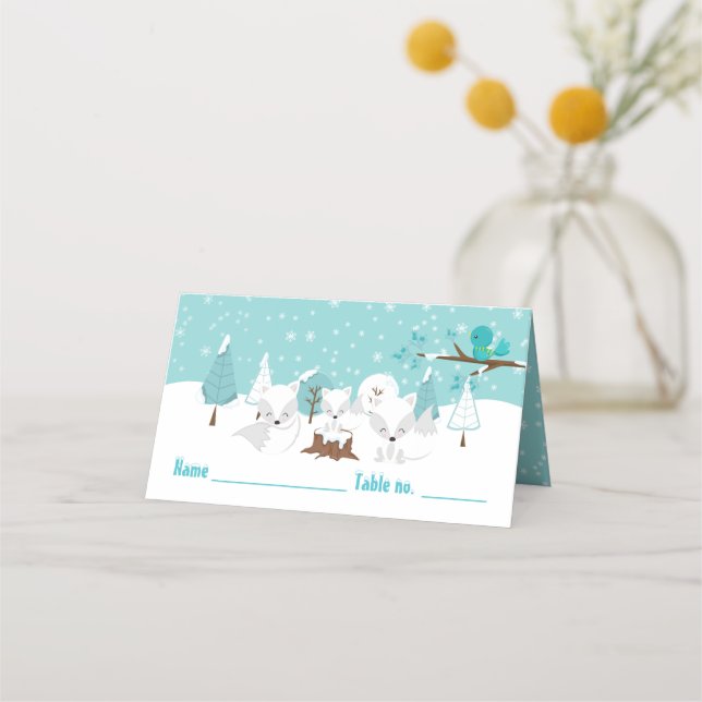 Arctic Foxes Winter Baby Shower Seating Place Card (Front)