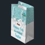 Arctic Foxes Winter Blue Happy Birthday Small Gift Small Gift Bag<br><div class="desc">An adorable arctic fox family in a winter wonderland setting with snow capped trees,  falling snowflakes,  teal blue green sky and a blue bird on a branch with holly. 
Graphics by PrettyGrafik</div>