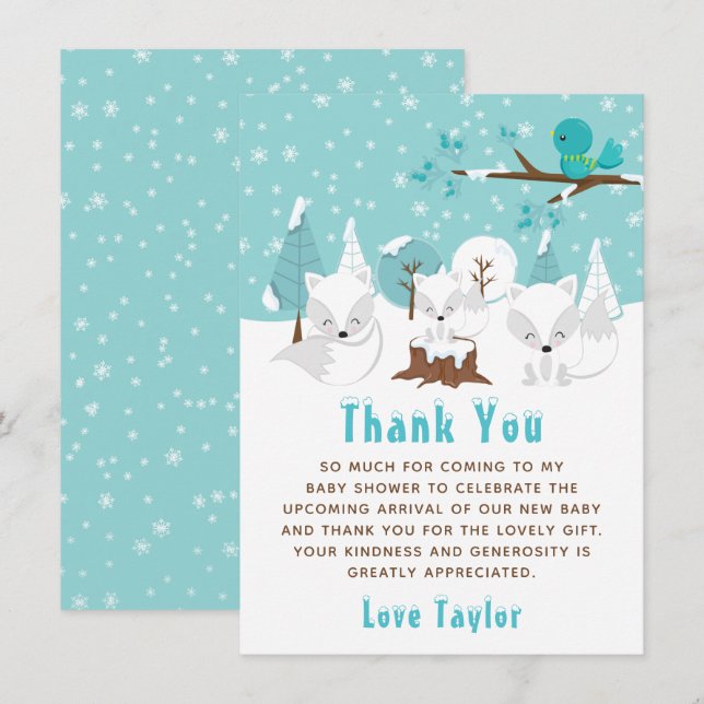 Arctic Foxes Winter Wonderland Baby Shower Thank You Card (Front/Back)