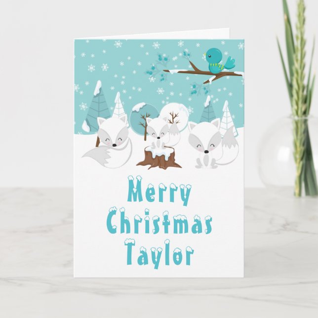 Arctic Foxes Winter Wonderland Merry Christmas Holiday Card (Front)