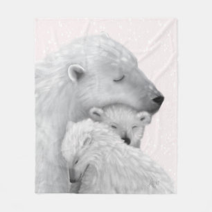Arctic Love: Polar Bear Family in Pink Hues Fleece Blanket