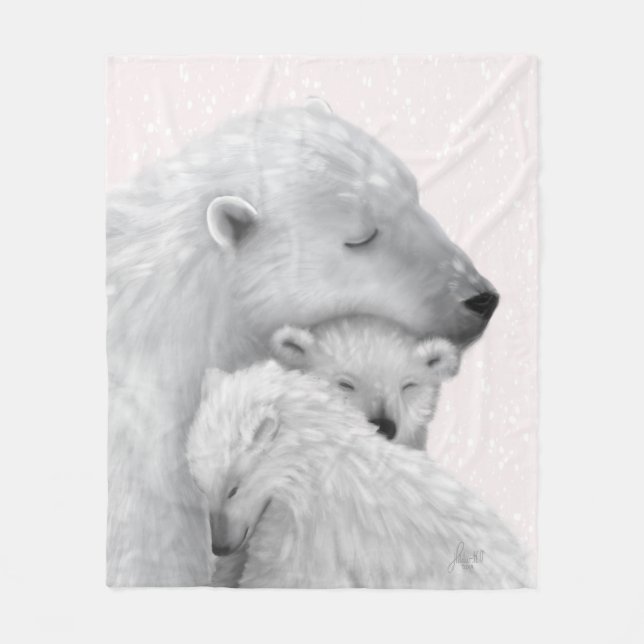 Arctic Love: Polar Bear Family in Pink Hues Fleece Blanket (Front)