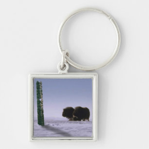 Arctic Musk Oxen & Totem Pole Bovines Wildlife Art Key Ring
