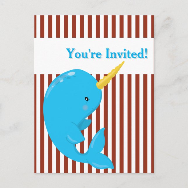 Arctic Narwhal with Red-White Stripe Invitation Postcard (Front)