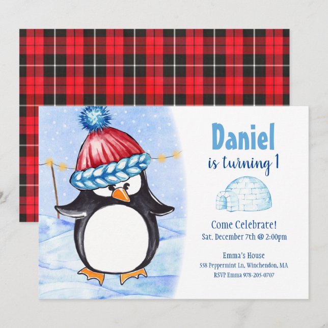 Arctic Penguin Kids Birthday Party Invitation (Front/Back)