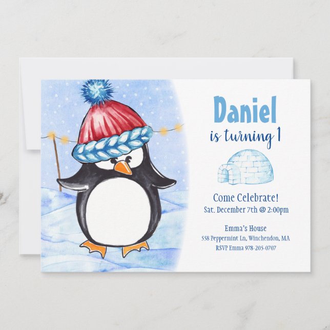 Arctic Penguin Kids Birthday Party Invitation (Front)