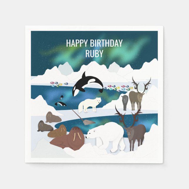 Arctic Polar Bear Reindeer Walrus Orca Narwhal Fox Napkin (Front)