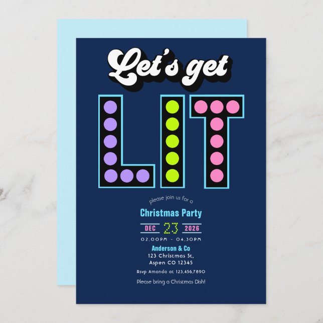 Arctic Pop Let’s Get Lit Retro Christmas Party Invitation (Front/Back)