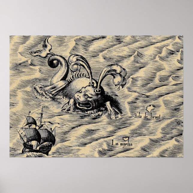 Arctic Sea Monster & Sailing Ship Sepia World Map Poster (Front)