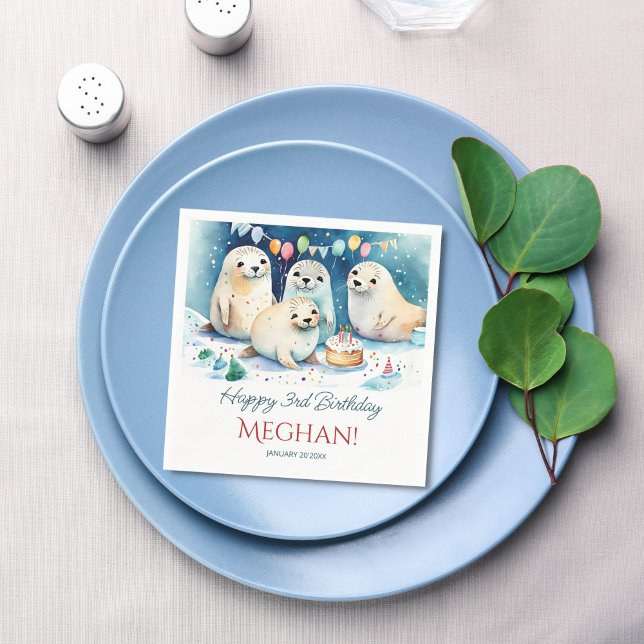 Arctic seal winter birthday personalised template napkin (Arctic seal winter wonderland birthday party personalized napkins template customizable table decor)