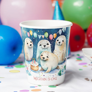 Arctic seal winter birthday personalized template paper cups