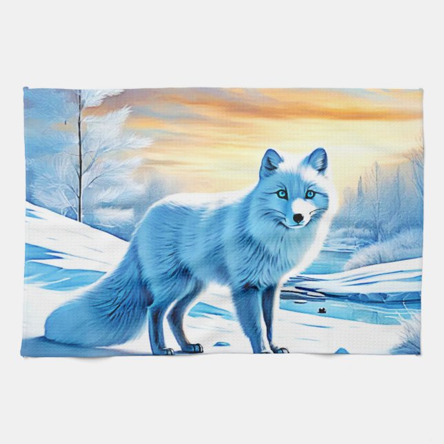Arctic Winter Fox Snow  Tea Towel (Horizontal)