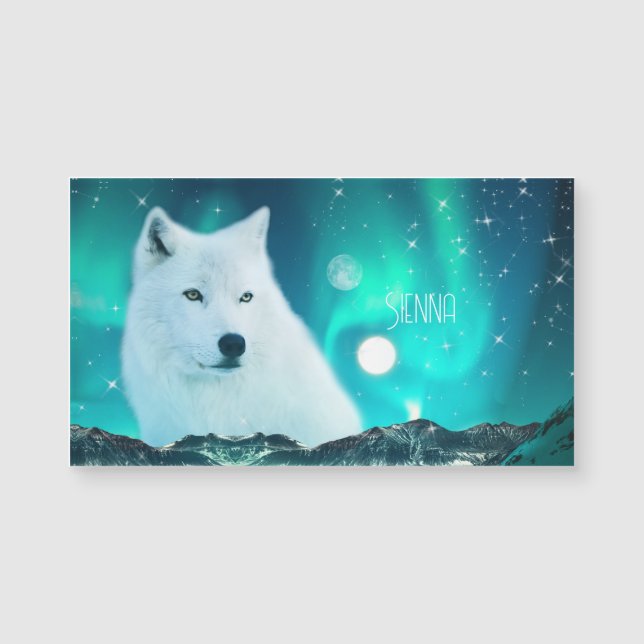Arctic wolf and magical night with northern lights (Front)