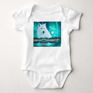 Arctic wolf and magical night with northern lights baby bodysuit