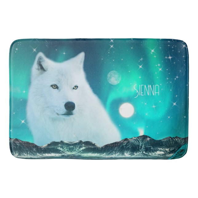 Arctic wolf and magical night with northern lights bath mat (Front)